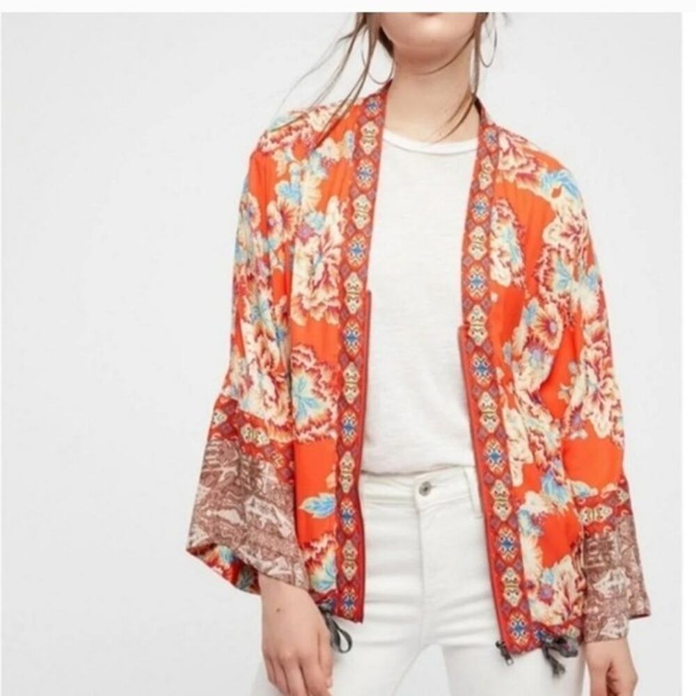 Free People Wildflower Zip Front Kimono Orange Jacket XS